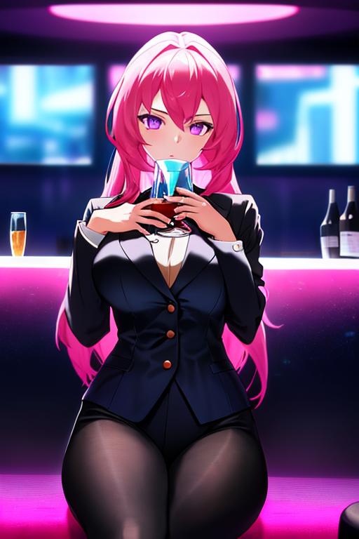 00208-984404887-Cyberpunk, 1girl, sitting in a futuristic bar, holding a glass, modified human, elegant suit, pink hair, purple eyes, looking in.png